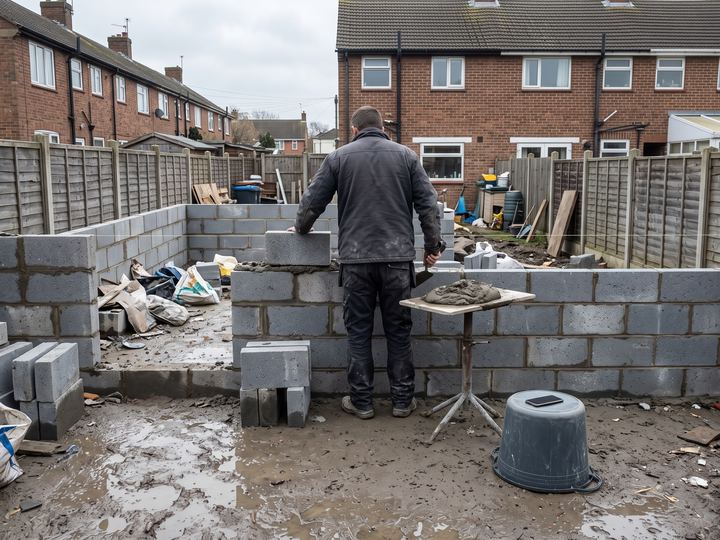 A builder laying concrete blocks for a rear extension in a back garden, seen from behind